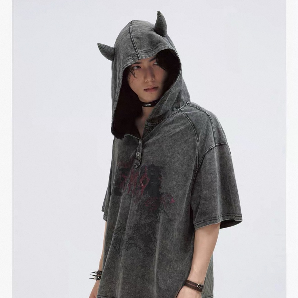 😈 Demon’s Wing Men's Washed Gray Hooded Shirt